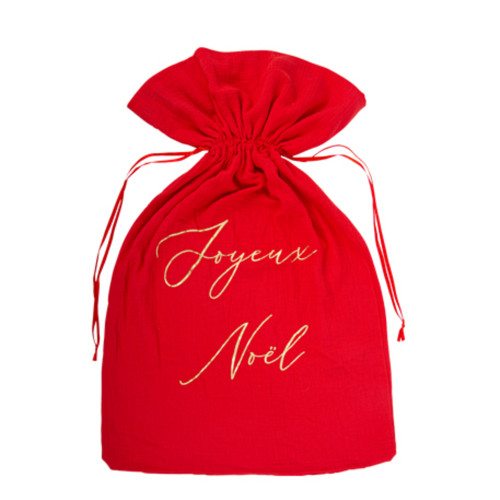 Sac à Cadeaux Joyeux Noël en gaze de coton rouge e