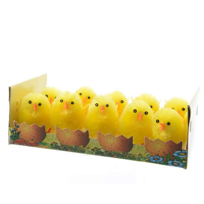10 poussins en chenille de soie jaune H. 5cm