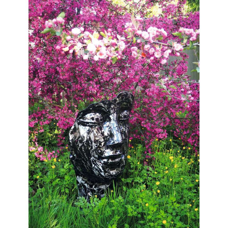 Statue visage façon mosaïque en métal gris - H. 10