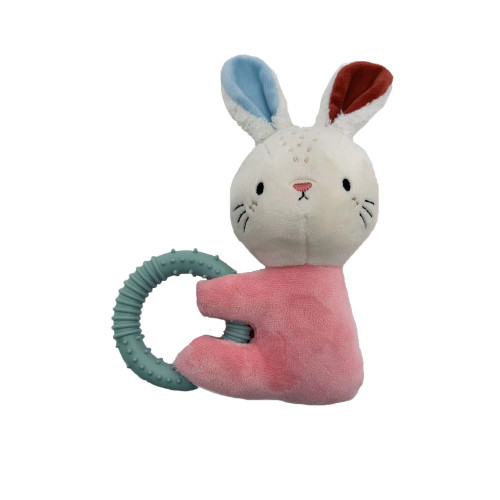 Jouet pour chiot : peluche lapin rose avec hochet