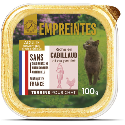 Terrine riche en cabillaud et au poulet pour chat