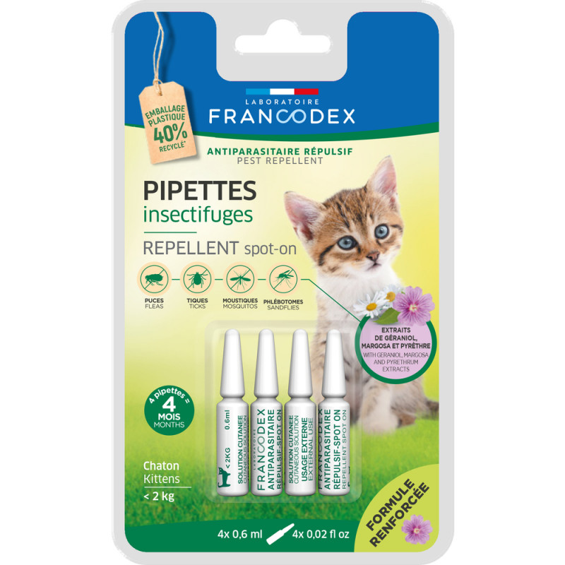 4 pipettes insectifuges pour chatons moins de 2 kg