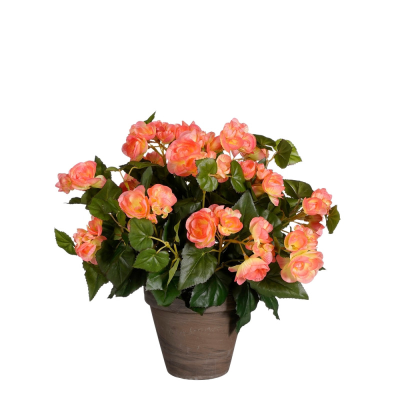Bégonia artificiel en pot, coloris saumon - H. 37c