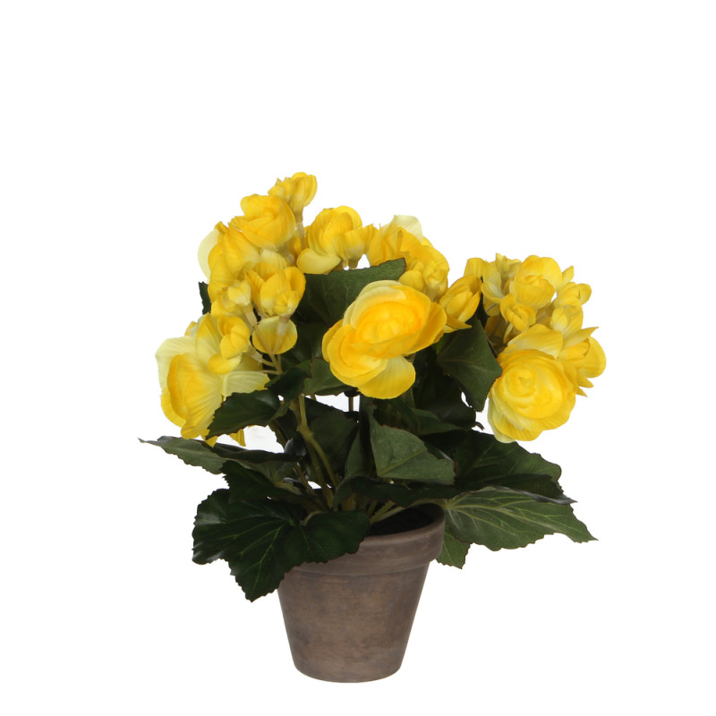 Bégonia artificiel en pot, coloris jaune - H. 25xD