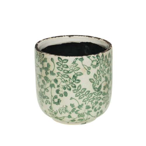 Cache-pot rond, motif fleurs vertes - H. 13,5cm