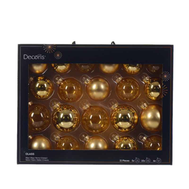 Assortiment 21 boules de Noël en verre, coloris or