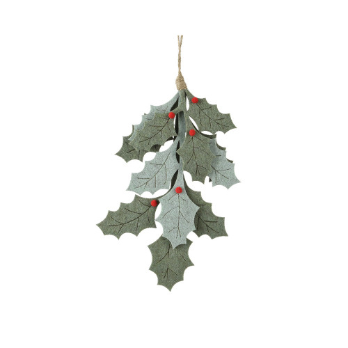 Suspension de Noël : branche houx, coloris vert/ro