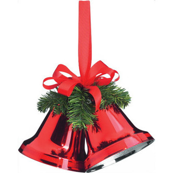 2 cloches, coloris rouges avec ruban et branchage