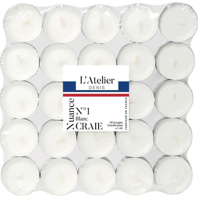 Lot de 50 bougies chauffe-plat, coloris blanc