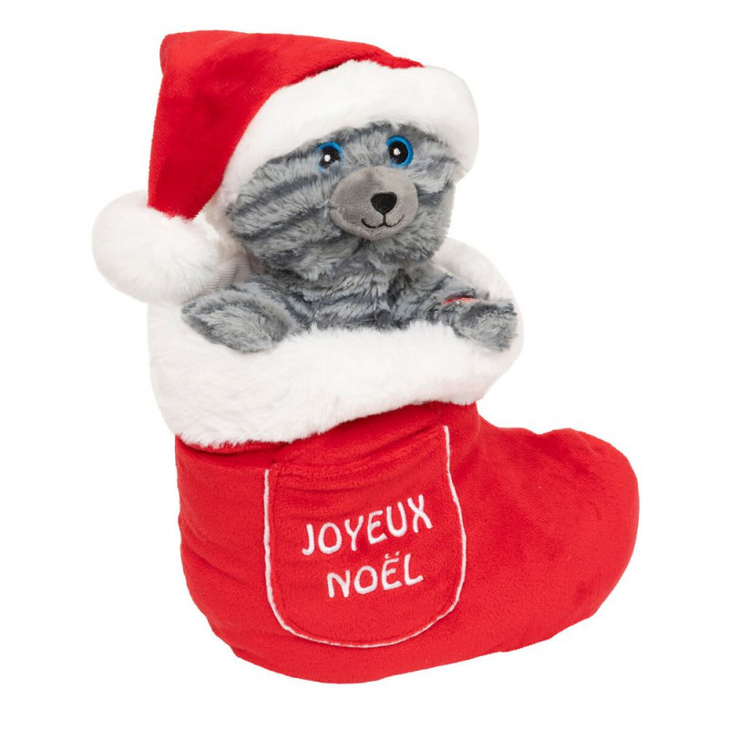 Peluche de Noël automate : chat dans sa chaussette