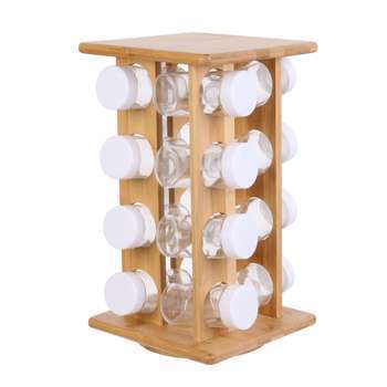 Présentoir à épices en bambou, 16 pots verre