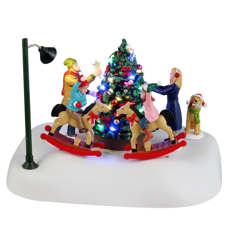 Scène de Noël animée : Chevalet autour du sapin -